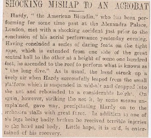 Alexandra Palace, acrobat, death
