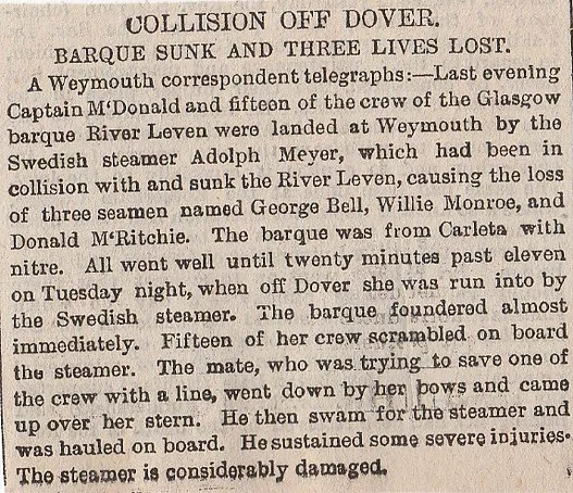 Barque sank, Dover, collision