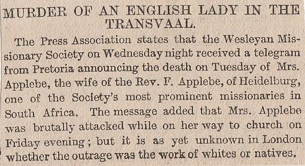 English lady murdered, Transvaal