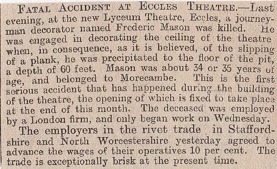 Lyceum Theatre, Eccles, Fatal accident